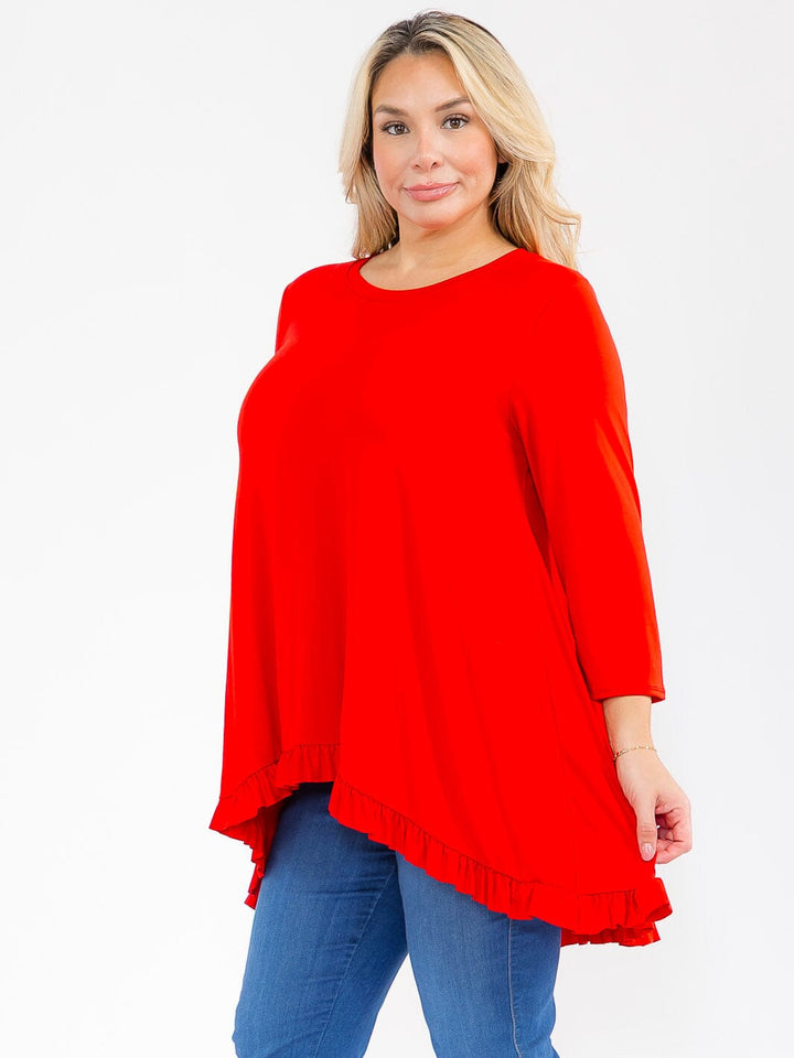 PLUS SIZE 3/4 SLEEVES RUFFLE BOTTOM HEM TUNIC HIGH-LOW TOP