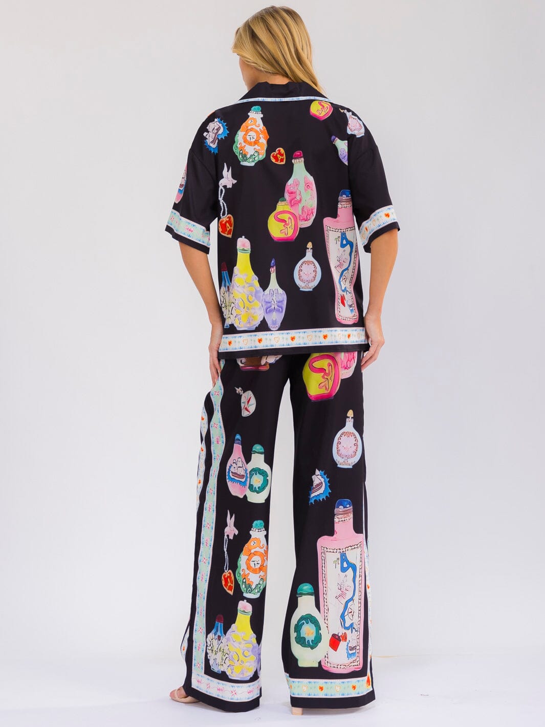 WOMEN'S SHORT SLEEVE BLOUSE & ELASTIC WAIST WIDE LEG PANTS MULTI PRINT 2PC. SET
