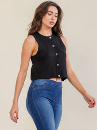 WOMEN'S SLEEVELESS BUTTON UP RIBBED BLOUSE