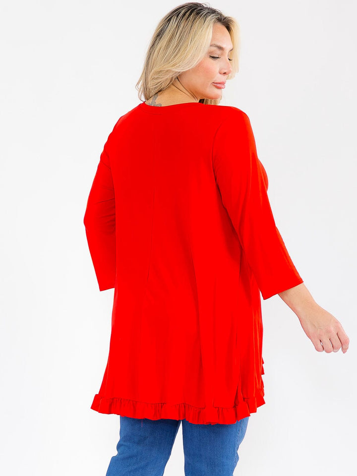 PLUS SIZE 3/4 SLEEVES RUFFLE BOTTOM HEM TUNIC HIGH-LOW TOP