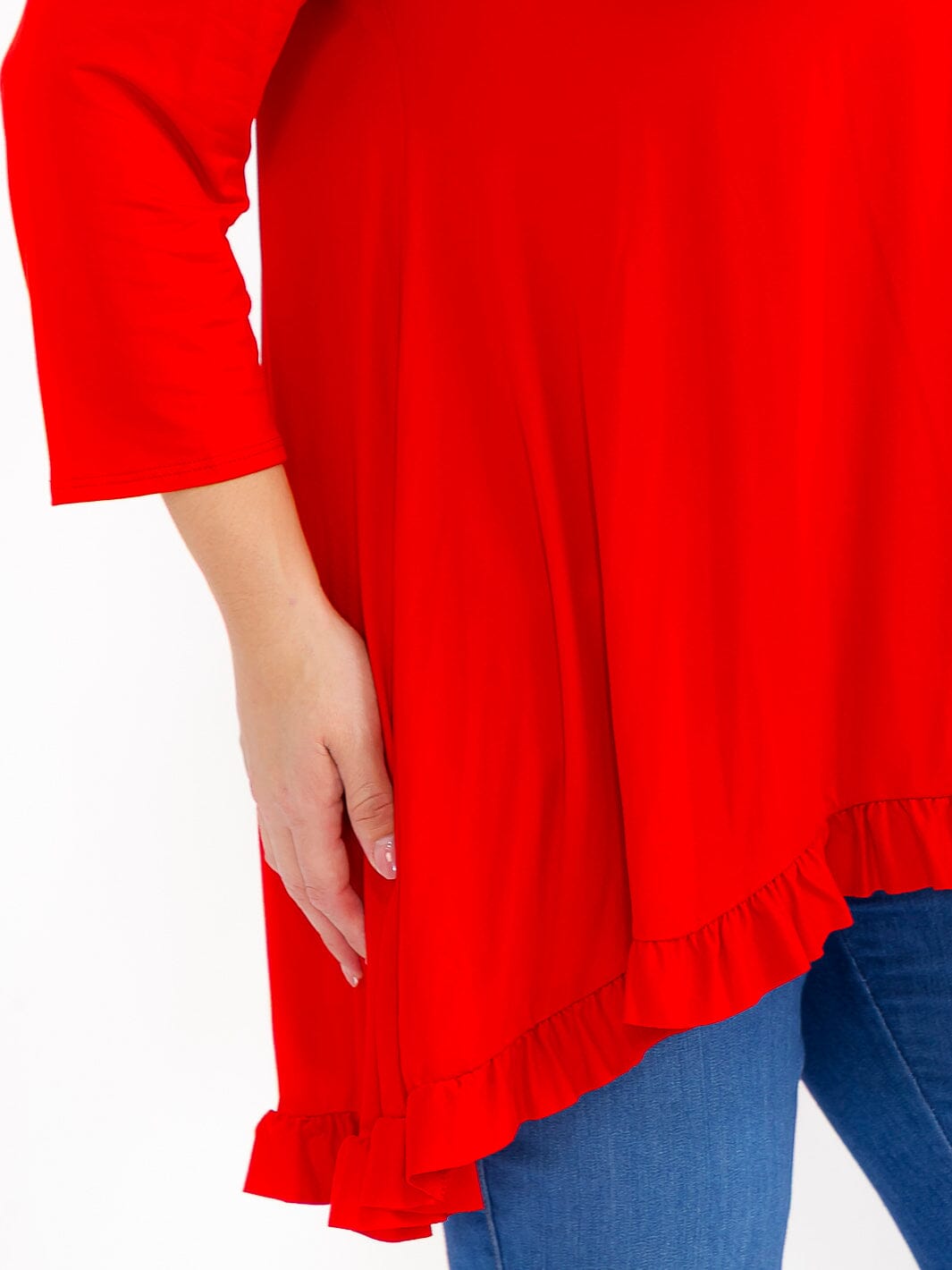 PLUS SIZE 3/4 SLEEVES RUFFLE BOTTOM HEM TUNIC HIGH-LOW TOP