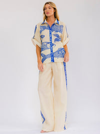 WOMEN'S SHORT SLEEVE BLOUSE & ELASTIC WAIST WIDE LEG PANTS PRINTED 2PC. SET