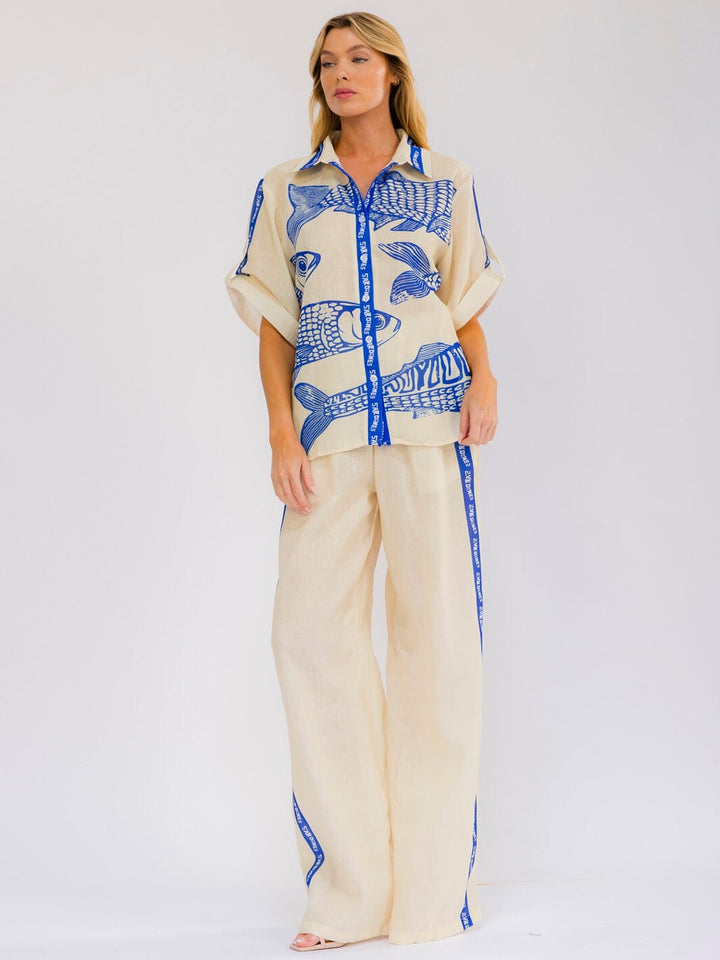 WOMEN'S SHORT SLEEVE BLOUSE & ELASTIC WAIST WIDE LEG PANTS PRINTED 2PC. SET