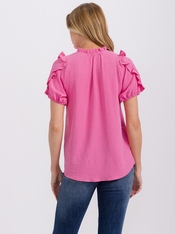 WOMEN'S SHORT RUFFLE SLEEVE V-NECK BLOUSE