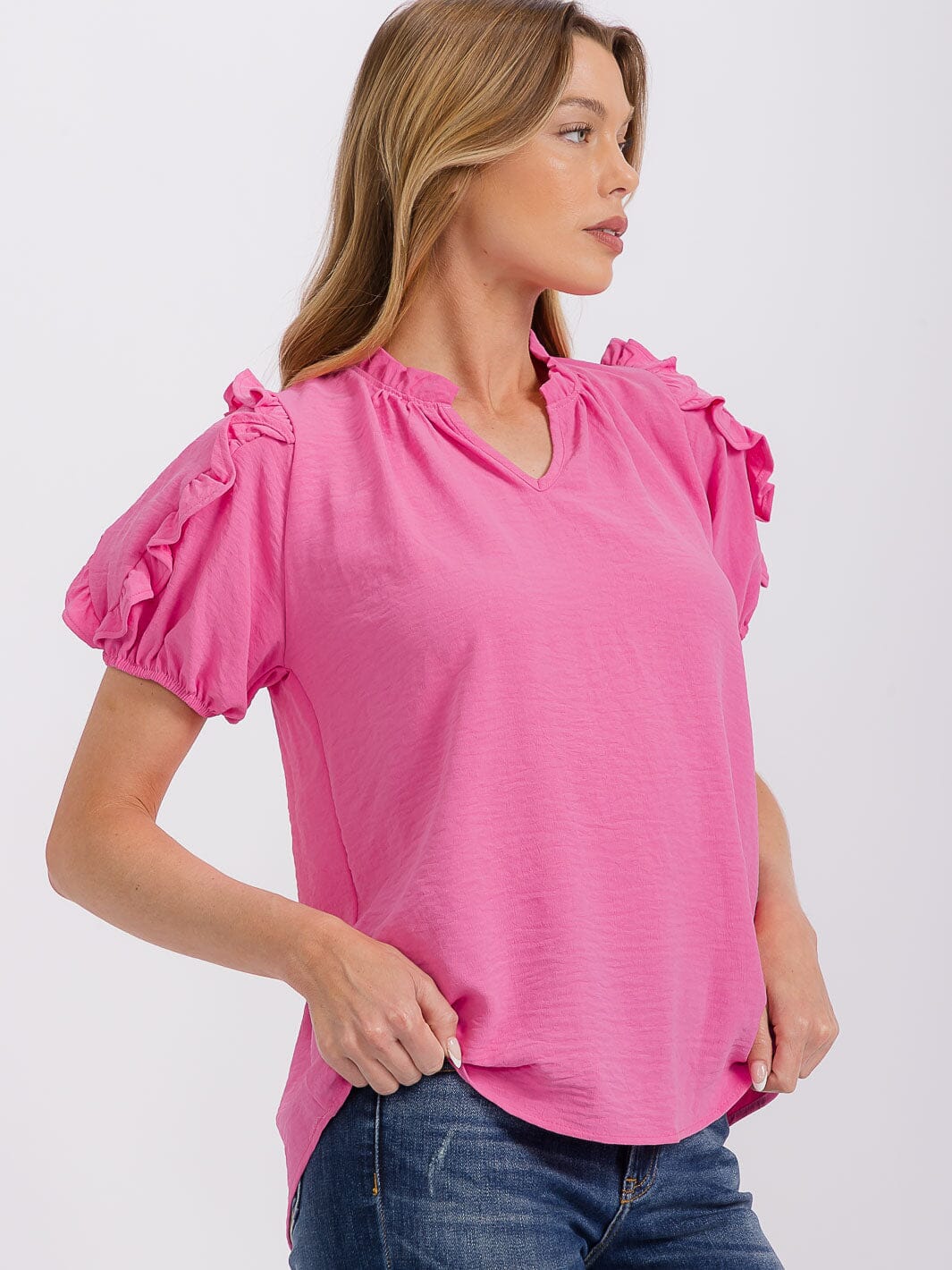 WOMEN'S SHORT RUFFLE SLEEVE V-NECK BLOUSE