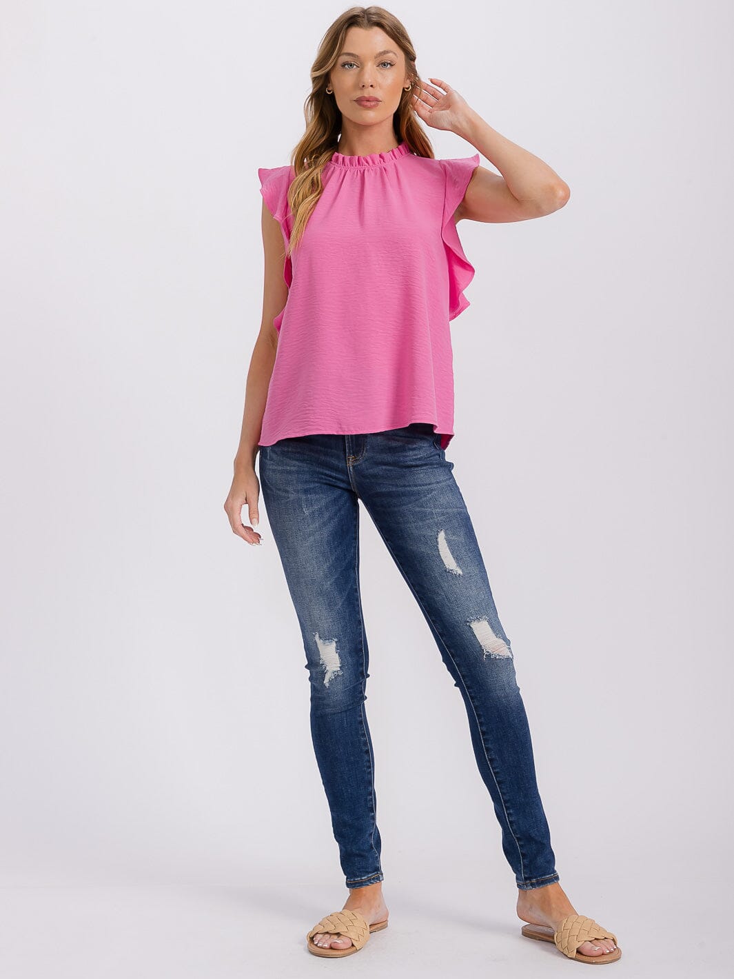 WOMEN'S RUFFLE SLEEVE MOCK NECK BLOUSE