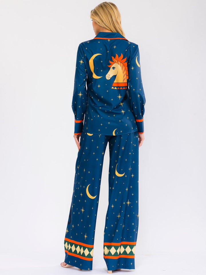WOMEN'S LONG SLEEVE BUTTON UP TOP & ELASTIC WAIST WIDE LEG PANTS MULTI PRINT 2PC. SET