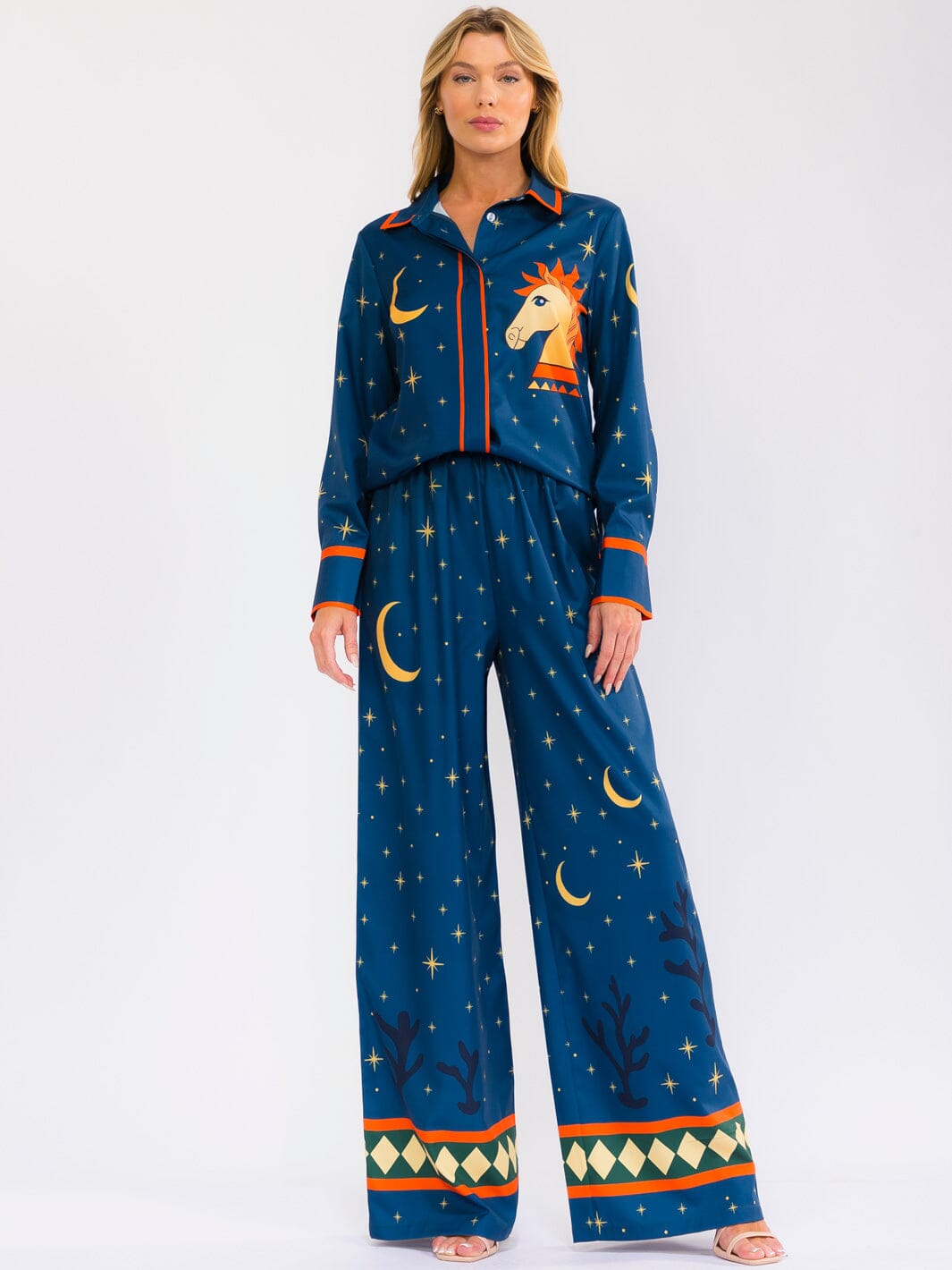 WOMEN'S LONG SLEEVE BUTTON UP TOP & ELASTIC WAIST WIDE LEG PANTS MULTI PRINT 2PC. SET