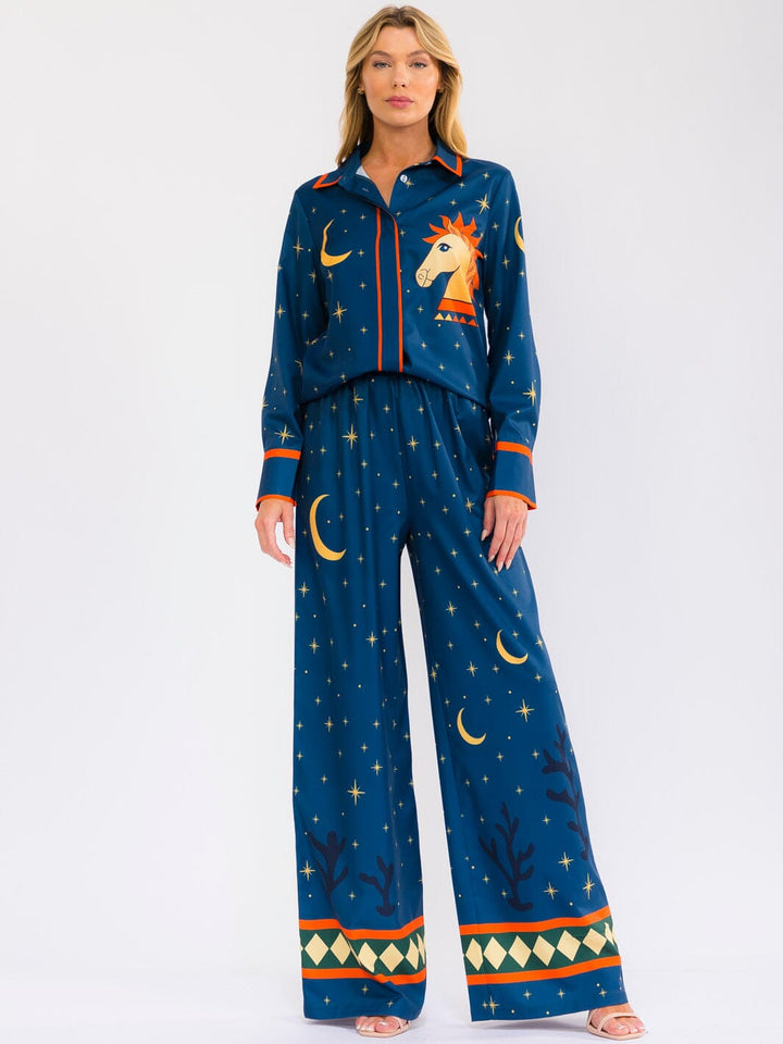 WOMEN'S LONG SLEEVE BUTTON UP TOP & ELASTIC WAIST WIDE LEG PANTS MULTI PRINT 2PC. SET