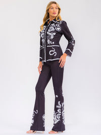 WOMEN'S LONG SLEEVE BUTTON UP TOP & ELASTIC WAIST BELL LEG PANTS MULTI PRINT 2PC. SET