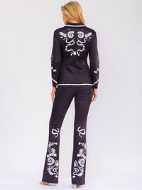WOMEN'S LONG SLEEVE BUTTON UP TOP & ELASTIC WAIST BELL LEG PANTS MULTI PRINT 2PC. SET