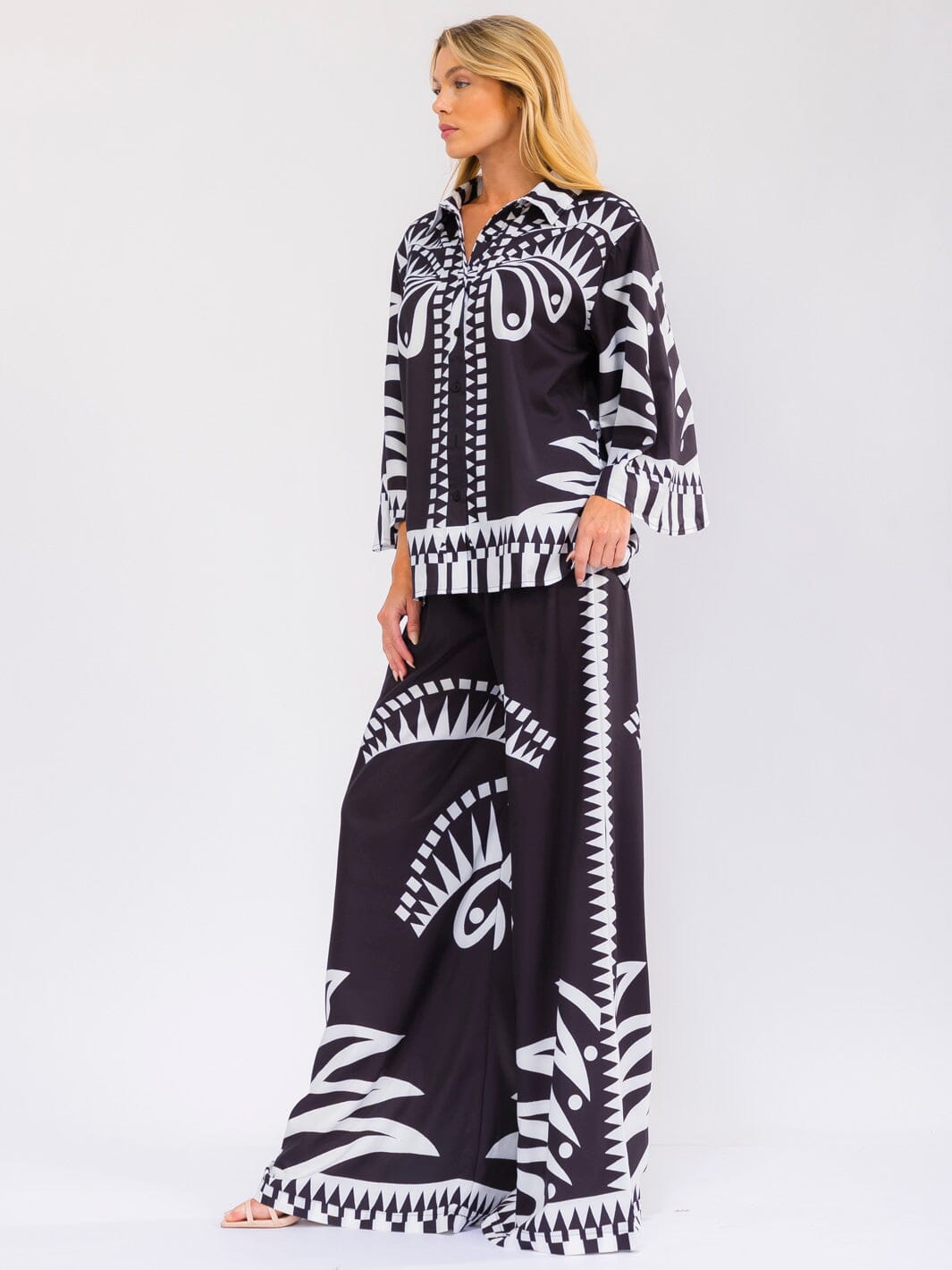 WOMEN'S 3/4 SLEEVE BUTTON UP TOP & ELASTIC WAIST WIDE LEG PANTS MULTI PRINT 2PC. SET