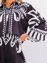 WOMEN'S 3/4 SLEEVE BUTTON UP TOP & ELASTIC WAIST WIDE LEG PANTS MULTI PRINT 2PC. SET