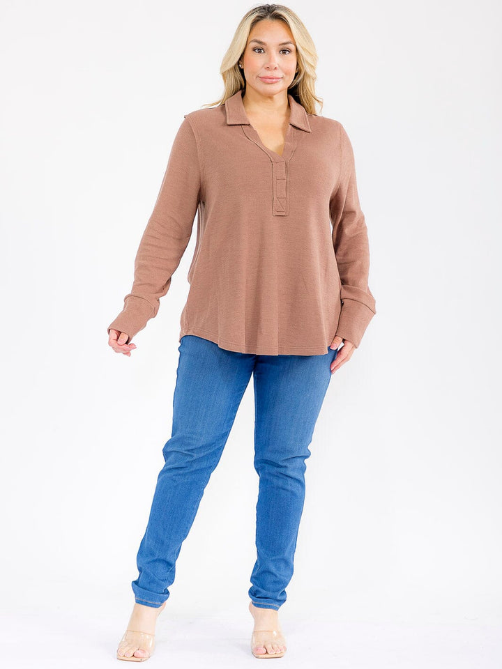 PLUS SIZE LONG SLEEVE V-NECK LOOSE FIT TUNIC TOP