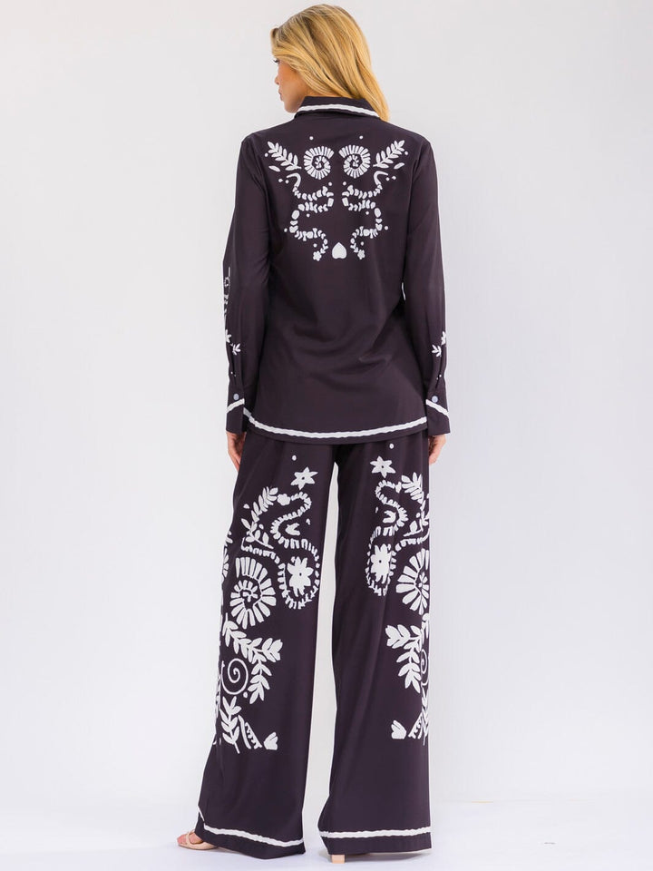 WOMEN'S LONG SLEEVE BUTTON UP TOP & ELASTIC WAIST WIDE LEG PANTS MULTI PRINT 2PC. SET