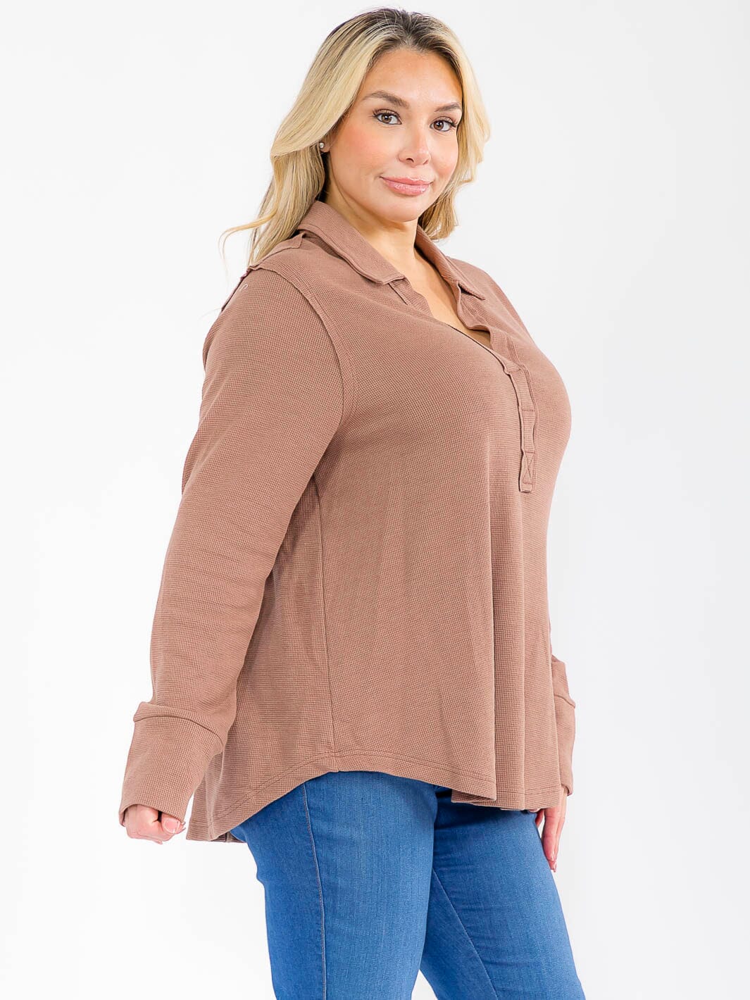 PLUS SIZE LONG SLEEVE V-NECK LOOSE FIT TUNIC TOP