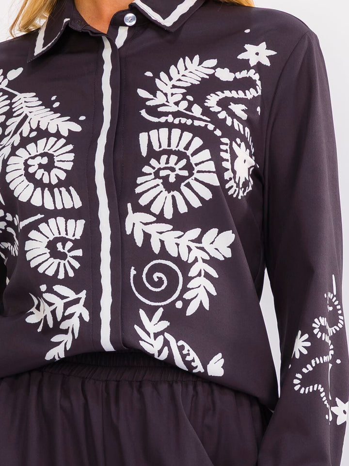 WOMEN'S LONG SLEEVE BUTTON UP TOP & ELASTIC WAIST WIDE LEG PANTS MULTI PRINT 2PC. SET