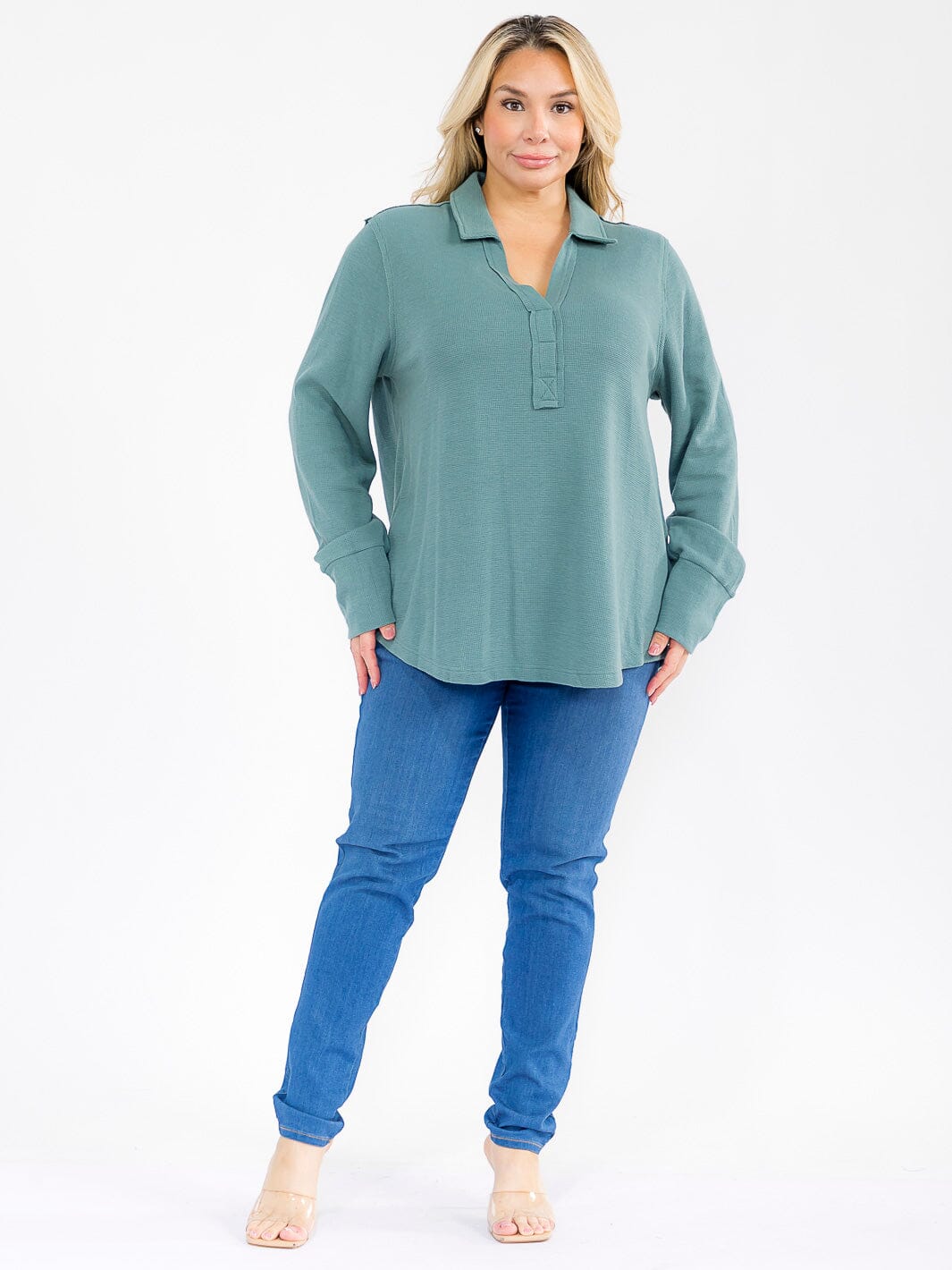 PLUS SIZE LONG SLEEVE V-NECK LOOSE FIT TUNIC TOP