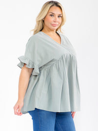 PLUS SIZE SHORT SLEEVE SURPLICE TUNIC LINEN BLOUSE