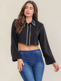WOMEN'S LONG SLEEVE BUTTON UP RHINESTONES TRIM DETAILED CROP BLOUSE