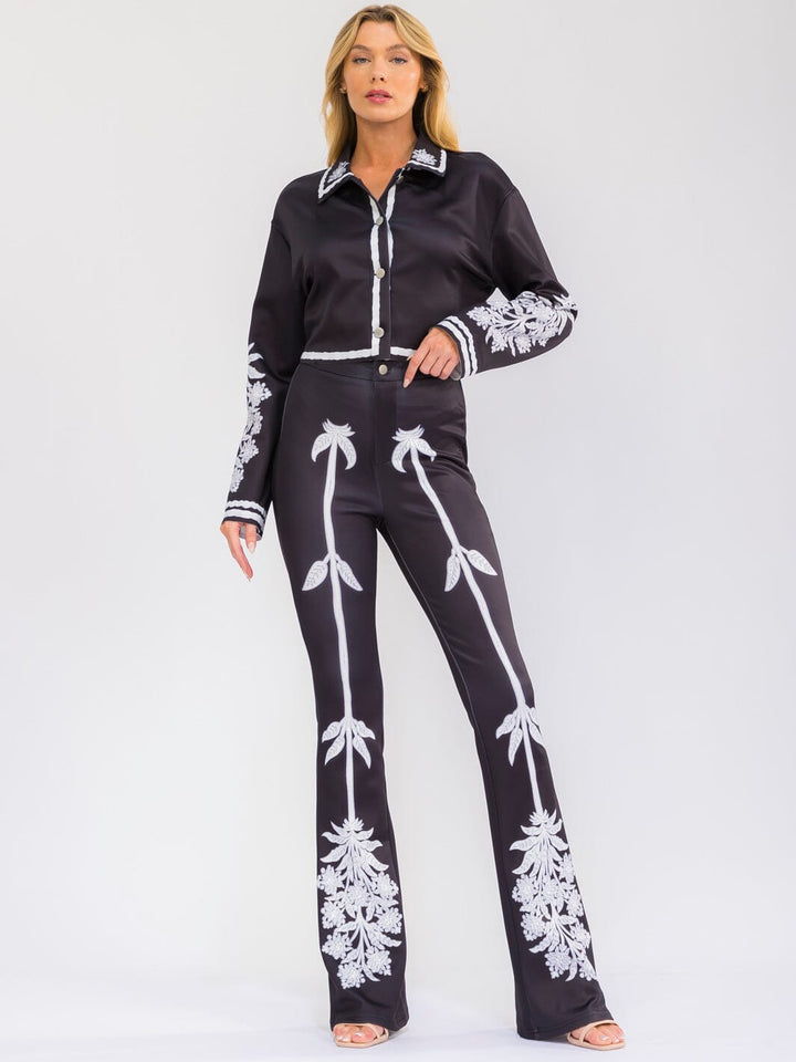 WOMEN'S LONG SLEEVE BUTTON UP TOP & ELASTIC WAIST BELL LEG PANTS FLORAL PRINT 2PC. SET