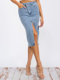 WOMEN'S BUTTON CLOSURE FRONT SLIT POCKETS DENIM MIDI SKIRT