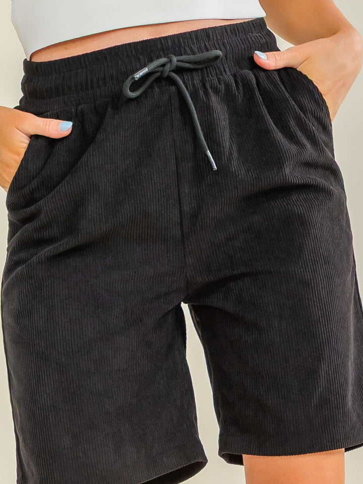 WOMEN'S ELASTIC WAIST POCKETS SELF TIE RIBBED MINI SHORTS