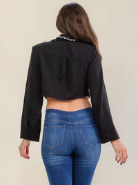 WOMEN'S LONG SLEEVE BUTTON UP RHINESTONES TRIM DETAILED CROP BLOUSE