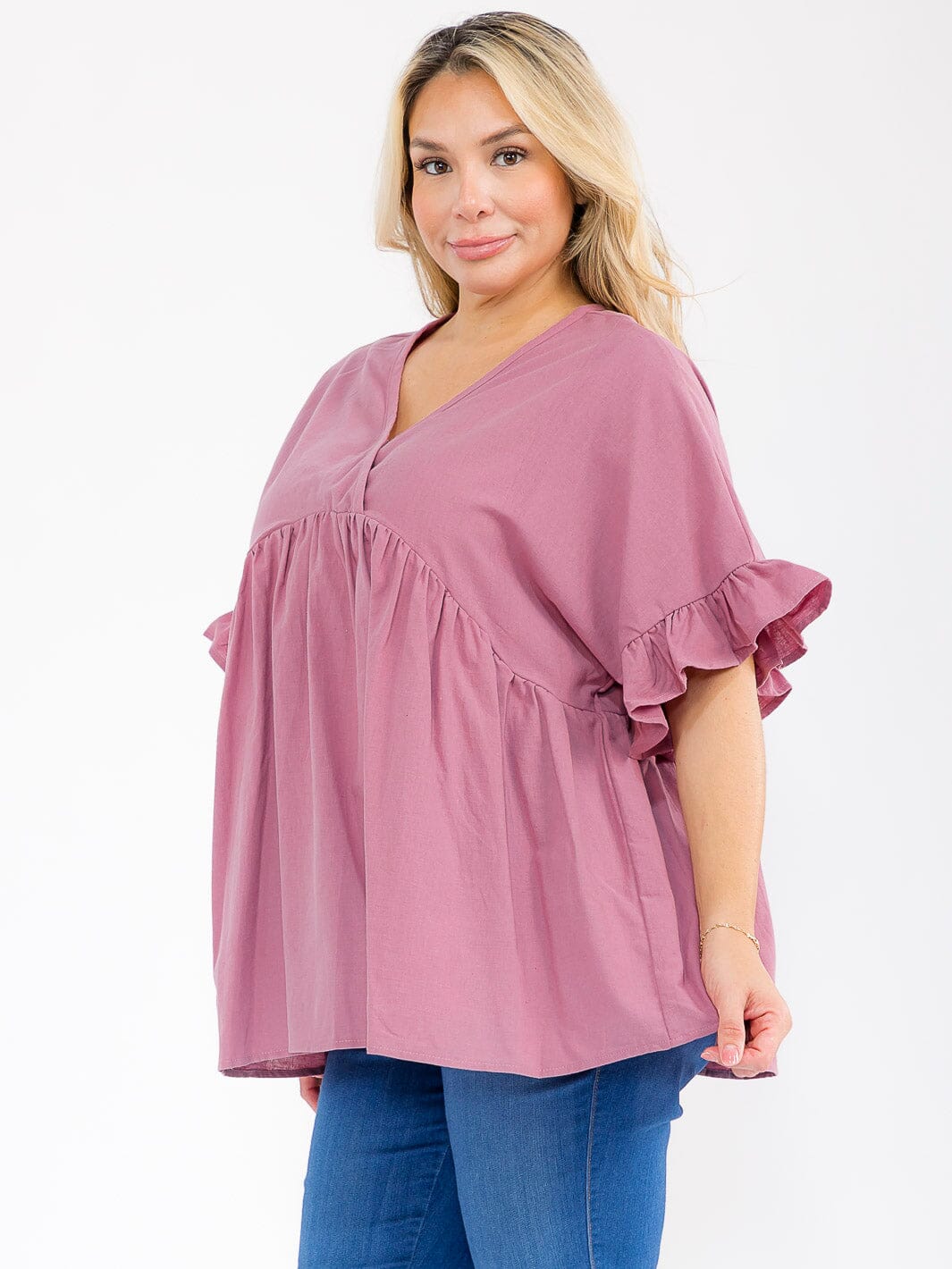 PLUS SIZE SHORT SLEEVE SURPLICE TUNIC LINEN BLOUSE