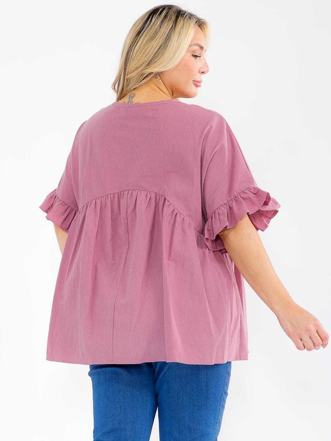 PLUS SIZE SHORT SLEEVE SURPLICE TUNIC LINEN BLOUSE