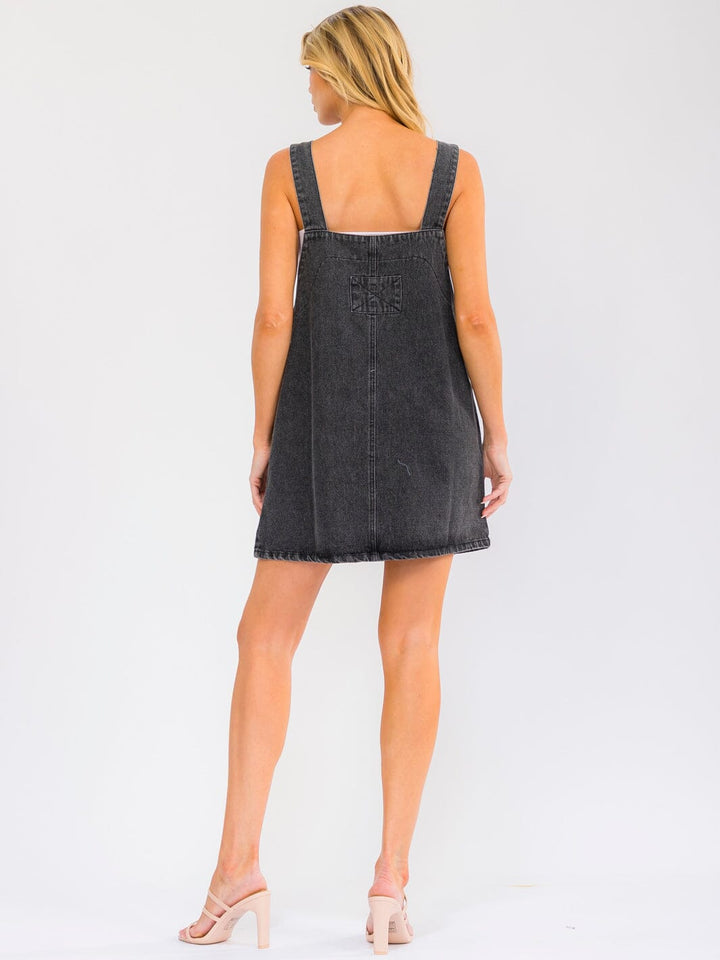 WOMEN'S SLEEVELESS FRONT POCKETS WASHED DENIM MINI OVERALL DRESS