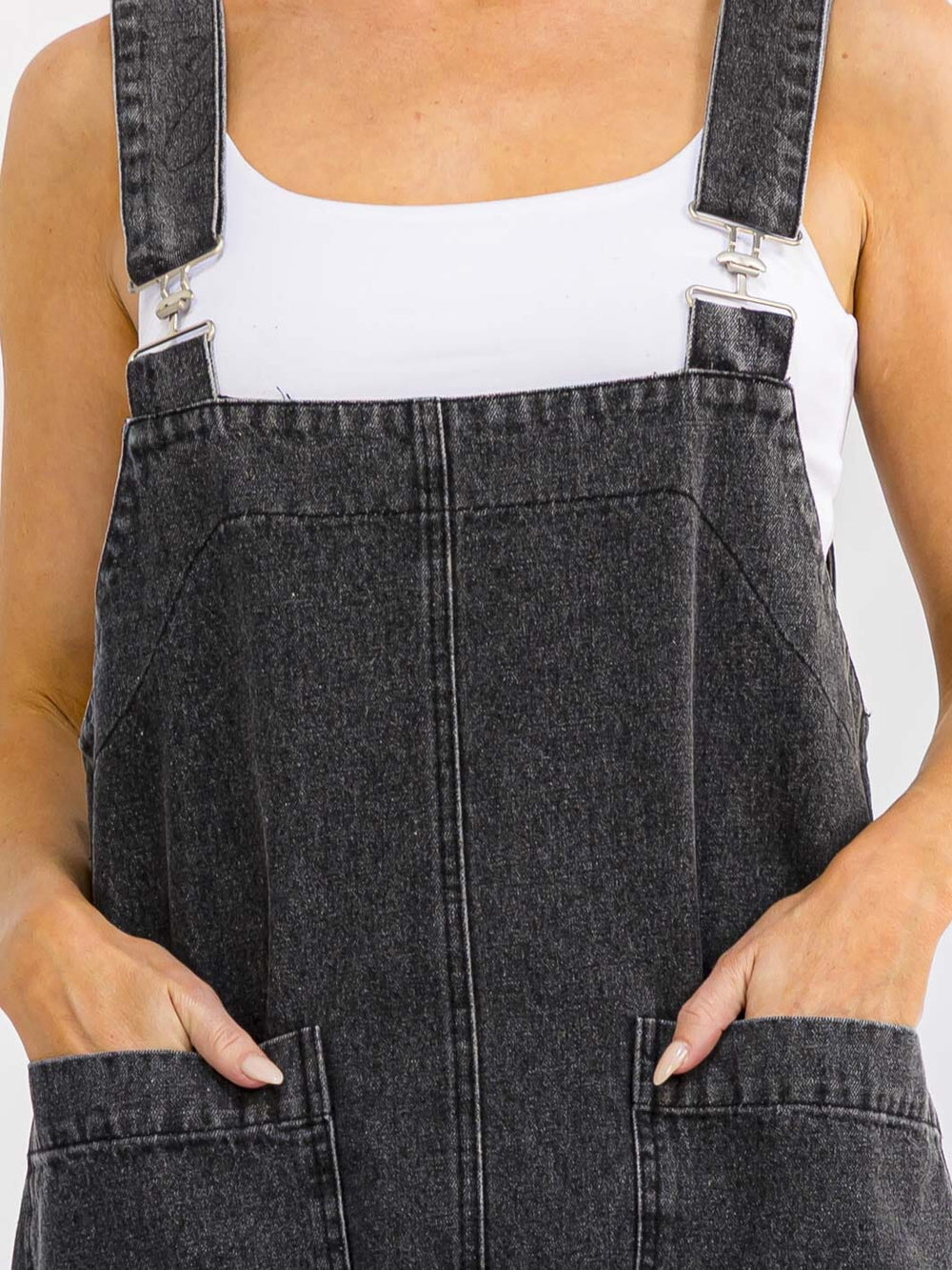WOMEN'S SLEEVELESS FRONT POCKETS WASHED DENIM MINI OVERALL DRESS