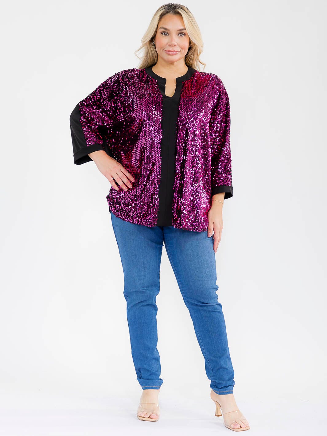 PLUS SIZE 3/4 SLEEVE V-NECK SEQUINS TUNIC BLOUSE