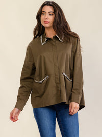 WOMEN'S LONG SLEEVE BUTTON UP FRONT POCKETS RHINESTONES TRIM DETAILED BLOUSE