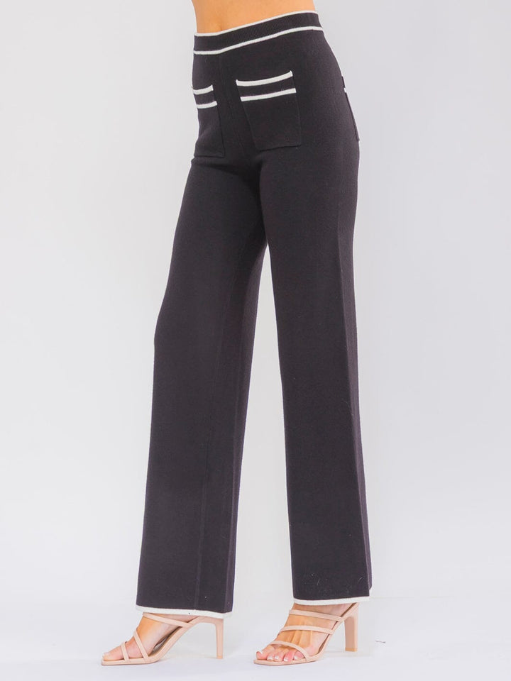 WOMEN'S ELASTIC WAIST POCKETS COLORBLOCK WIDE LEG PANTS