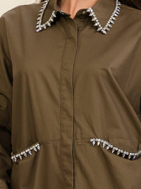 WOMEN'S LONG SLEEVE BUTTON UP FRONT POCKETS RHINESTONES TRIM DETAILED BLOUSE