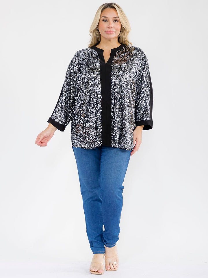 PLUS SIZE 3/4 SLEEVE V-NECK SEQUINS TUNIC BLOUSE
