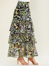 BEULAH WOMEN'S ZIPPER CLOSURE FLORAL EMBROIDERY RUFFLE TIERED MAXI SKIRT