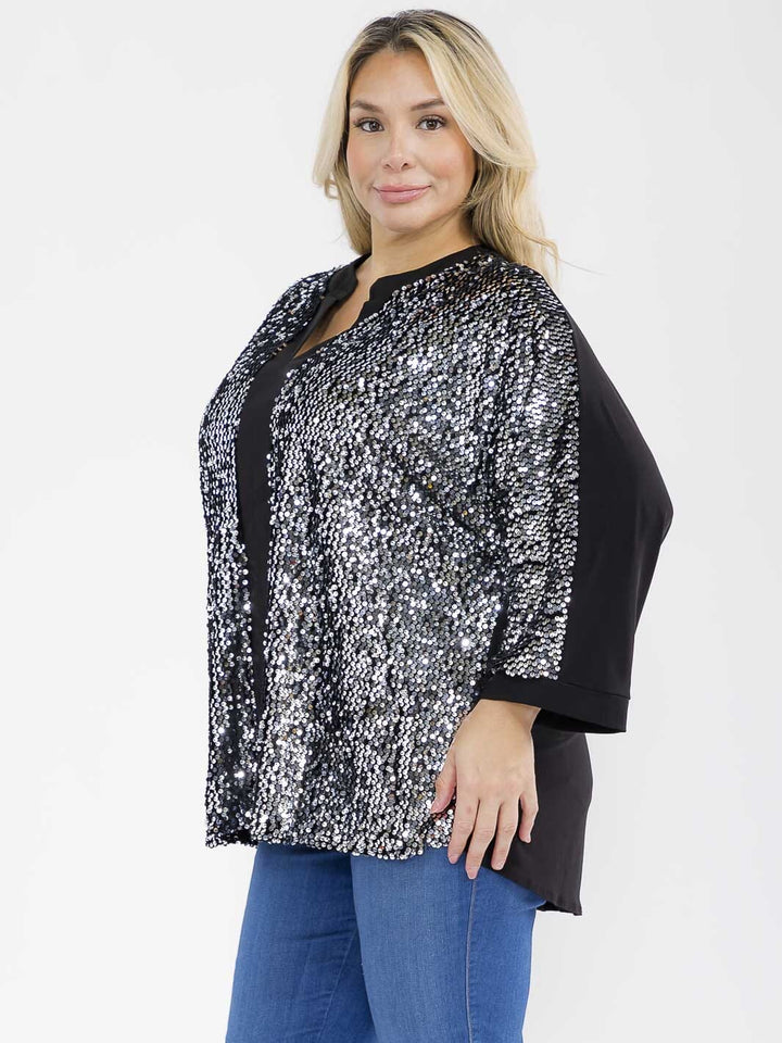 PLUS SIZE 3/4 SLEEVE V-NECK SEQUINS TUNIC BLOUSE