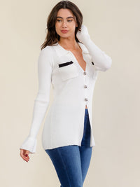 WOMEN'S LONG BELL SLEEVE V-NECK FRONT POCKETS BUTTON UP RIBBED BLOUSE