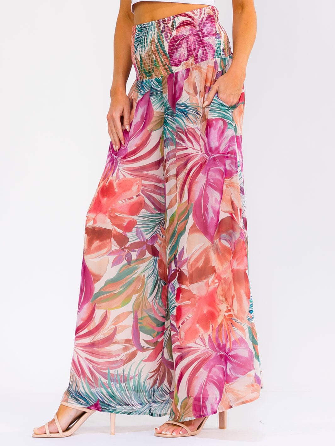 WOMEN'S ELASTIC WAIST FRONT POCKETS FLORAL WIDE LEG PALAZZO PANTS