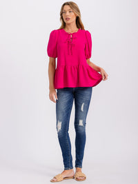 WOMEN'S SHORT PUFF SLEEVE LACE UP PEPLUM BLOUSE