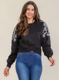 WOMEN'S LONG SLEEVE CROSSOVER HEMI LINE EMBROIDERY BEADS PULLOVER SWEATER