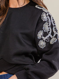 WOMEN'S LONG SLEEVE CROSSOVER HEMI LINE EMBROIDERY BEADS PULLOVER SWEATER