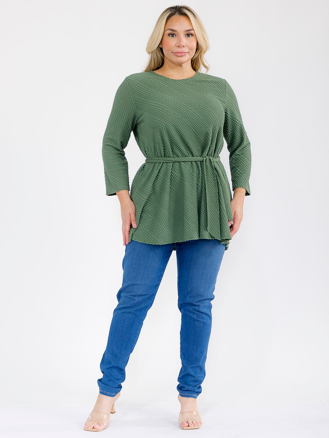 PLUS SIZE 3/4 SLEEVE W/SCARF DETAILED TUNIC BLOUSE