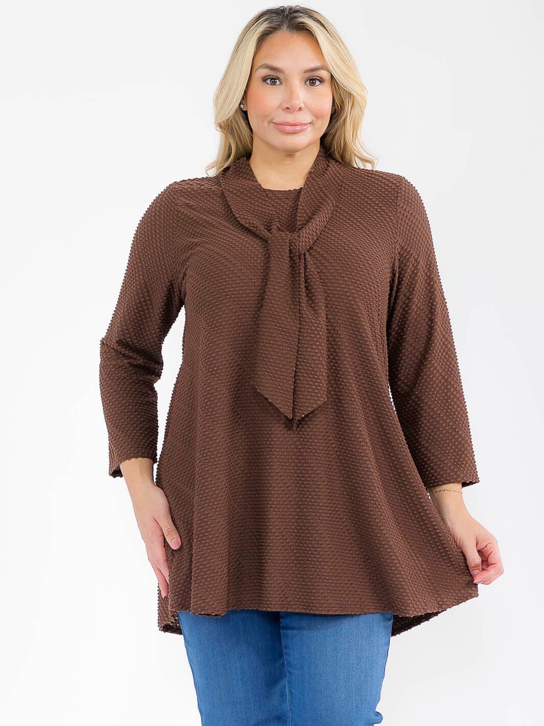 PLUS SIZE 3/4 SLEEVE W/SCARF DETAILED TUNIC BLOUSE