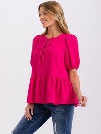 WOMEN'S SHORT PUFF SLEEVE LACE UP PEPLUM BLOUSE