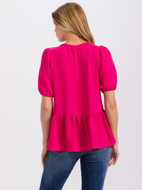 WOMEN'S SHORT PUFF SLEEVE LACE UP PEPLUM BLOUSE