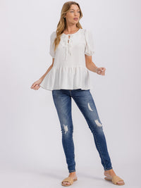 WOMEN'S SHORT PUFF SLEEVE LACE UP PEPLUM BLOUSE