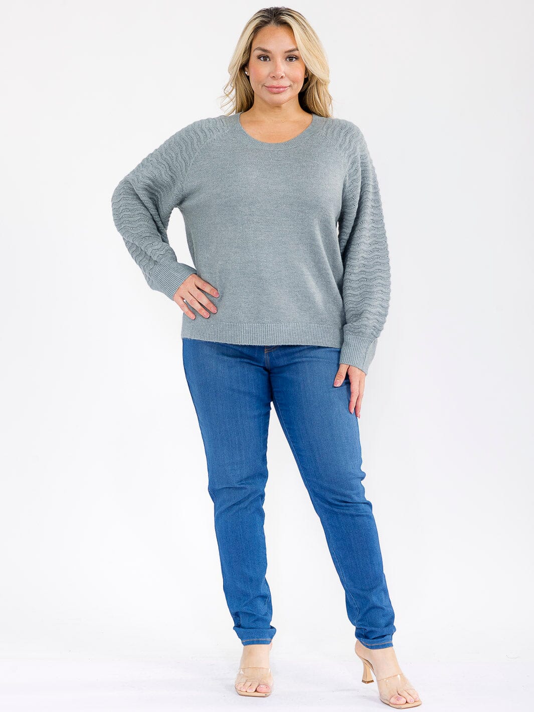 PLUS SIZE LONG DETAILED SLEEVE KNIT PULLOVER SWEATER